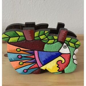 VTG Carved Wood Brightly Painted Tucan  & fruits Napkin Holder Bird Tropics Boho